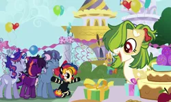 Size: 1757x1047 | Tagged: safe, derpibooru import, oc, oc:book loft, oc:confetti core, oc:moonbright, oc:pickles, oc:sweet treats, unofficial characters only, earth pony, pony, unicorn, birthday, horn, image, party, png