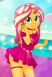 Size: 836x1234 | Tagged: safe, artist:charliexe, derpibooru import, sunset shimmer, equestria girls, g4, breasts, choker, clothes, cruise outfit, cute, dress, equestria girls specials, female, grin, image, jpeg, my little pony equestria girls: spring breakdown, redraw, schrödinger's pantsu, shimmerbetes, smiling, solo