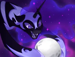 Size: 2600x2000 | Tagged: safe, artist:mirchilo, derpibooru import, nightmare moon, alicorn, pony, g4, :d, close-up, colored lineart, ethereal mane, evil grin, fangs, female, floppy ears, flowing mane, full moon, giant pony, giantess, grin, helmet, high res, hoof hold, hoof shoes, horn, image, long horn, looking at something, macro, mare, moon, narrowed eyes, open mouth, open smile, outdoors, peytral, png, princess shoes, screentone, sharp teeth, signature, slit pupils, smiling, solo, space, sparkles, sparkly mane, starry mane, teeth, three-quarter view