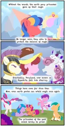 Size: 540x1056 | Tagged: safe, artist:dazzle, derpibooru import, chancellor puddinghead, commander hurricane, hitch trailblazer, izzy moonbow, misty brightdawn, pipp petals, princess platinum, sunny starscout, zipp storm, earth pony, pegasus, unicorn, g1, g4, g5, accessory, clothes, coat marking, colored wings, comic, curly mane, generation leap, group, hat, hennin, horn, image, jewelry, lineless, lore, markings, multicolored mane, multicolored wings, png, socks (coat marking), tiara, wavy mane, wings