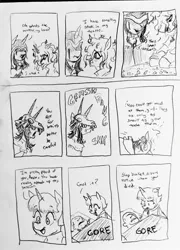 Size: 1472x2048 | Tagged: semi-grimdark, artist:pony quarantine, derpibooru import, oc, oc:anon, unofficial characters only, earth pony, human, pony, unicorn, series:pq funnies, bait and switch, comic, comic strip, female, grayscale, hair over one eye, hidden eyes, hood, horn, image, jpeg, lesbian, mare, monochrome, necromancer, oc x oc, pencil drawing, shipping, skull, teeth, traditional art