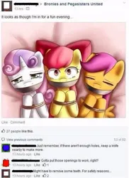 Size: 501x688 | Tagged: semi-grimdark, suggestive, artist:dyoung, derpibooru import, apple bloom, scootaloo, sweetie belle, earth pony, pegasus, pony, unicorn, g4, abuse, applebuse, bondage, censored, crusadabuse, crying, cutie mark crusaders, facebook, female, filly, foal, horn, image, implied foalcon, implied torture, implied underage, jpeg, kidnapped, scootabuse, sweetiebuse, this is why we can't have nice things, why