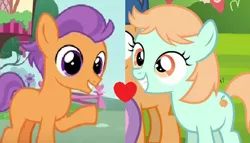 Size: 497x285 | Tagged: safe, artist:3d4d, derpibooru import, edit, edited screencap, screencap, first base, peach fuzz, sweetie belle, tender taps, earth pony, pony, g4, on your marks, season 4, season 6, twilight time, colt, cute, diapeaches, female, filly, foal, heart, image, male, my little pony, offscreen character, png, ponyville, shipping, shipping domino, straight, tenderbetes, tenderfuzz