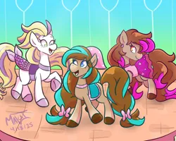 Size: 1500x1200 | Tagged: safe, artist:malcat, derpibooru import, horse, pony, bandana, bow, clothes, cocoa (wild manes), crescent moon, dancing, dreamer (wild manes), dress, ear piercing, earring, female, finley (wild manes), fish tail, gradient legs, gradient muzzle, hair bow, image, jewelry, jpeg, looking up, mare, mermaid tail, moon, open mouth, open smile, piercing, raised hoof, saddle, side view, smiling, stage, swimsuit, tack, tail, tail bow, trio, trio female, wild manes