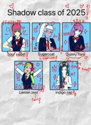 Size: 626x858 | Tagged: safe, alternate version, artist:loula, derpibooru import, part of a set, indigo zap, lemon zest, sour sweet, sugarcoat, sunny flare, human, equestria girls, g4, alternate hairstyle, alternate style, alternate universe, bangs, bowtie, bracelet, clothes, crossed arms, ear piercing, earring, emanata, exclamation point, goggles, goggles on head, group, hand on waist, headphones, heart, ibispaint x, image, inspiration, interrobang, jewelry, long hair, necktie, piercing, pigtails, png, ponytail, profile, question mark, quintet, raised arms, school uniform, schoolgirl, shadow five, side ponytail, sidebangs, smiling, smirk, straight hair, suit, text, uniform, vest, yearbook photo