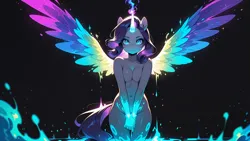 Size: 2560x1440 | Tagged: suggestive, ai generated, artist:truekry, generator:wai-nsfw-illustrious-sdxl, prompter:truekry, rarity, anthro, unicorn, g4, artificial wings, augmented, belly button, breasts, colorful, covered nipples, covering crotch, female, glow, glowing horn, glowing wings, horn, image, looking at you, magic, magic wings, png, simple background, solo, solo female, spread wings, tail, wallpaper, wallpaper for the fearless, wings