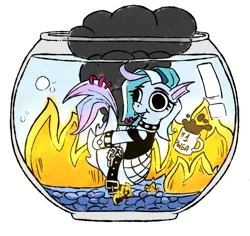 Size: 900x850 | Tagged: safe, artist:uteuk, derpibooru import, oc, oc:aurora (aurorafest), unofficial characters only, merpony, pony, sea pony, aquarium, aurorafest, female, fire, fish bowl, how, image, logic, mare, meme, png, simple background, smoke, solo, transparent background