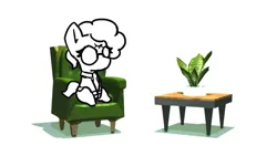 Size: 975x549 | Tagged: safe, artist:nyanakaru, derpibooru import, oc, oc:isabella, unofficial characters only, earth pony, 1 body sofa, 3d background, blank eyes, button-up shirt, cgi, chibi, closed eye, clothes, collared shirt, couch, derpibooru exclusive, emotionless, female, glasses, image, long sleeves, mixed media, nerd, plant, plant pot, png, round glasses, shirt, simple background, sitting, solo, solo female, sweater, table, third eye, white background, white coat, white hair, white mane
