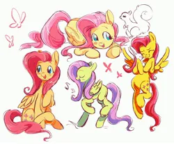 Size: 4096x3413 | Tagged: safe, artist:bardsadventure, derpibooru import, angel bunny, fluttershy, butterfly, insect, pegasus, pony, rabbit, squirrel, g4, :d, ^^, animal, blush scribble, blushing, closed mouth, cute, doodle, doodle dump, doodle page, duo, eye contact, eyebrows, eyes closed, feathered wings, female, flying, folded wings, full body, high res, hug, humming, image, jpeg, looking at each other, looking at someone, looking sideways, lying down, mare, multiple views, music notes, open mouth, open smile, prone, raised hoof, raised leg, shyabetes, side view, simple background, sitting, smiling, spread wings, walking, white background, wings