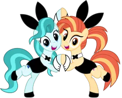 Size: 9383x7517 | Tagged: safe, artist:ejlightning007arts, derpibooru import, lighthoof, shimmy shake, earth pony, pony, 2 4 6 greaaat, g4, best friends, bipedal, bowtie, bunny ears, bunny suit, cheek to cheek, clothes, cute, duo, duo female, eyeshadow, fake ears, female, holding hooves, image, leotard, lightorable, looking at you, makeup, my little pony, pinup, playboy bunny, png, ponytail, reference, shakeabetes, simple background, smiling, transparent background, vector