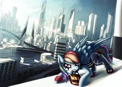 Size: 2656x1891 | Tagged: safe, artist:zedaval, derpibooru import, rainbow dash, pegasus, pony, g4, city, cityscape, clothes, crossover, faith connors, female, image, mirror's edge, png, rooftop, solo, spread wings, wings