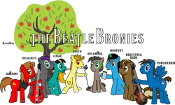 Size: 603x361 | Tagged: artist needed, safe, derpibooru import, bloomberg, oc, oc:p1k, oc:poni1kenobi, earth pony, pegasus, pony, unicorn, g4, apple, apple tree, food, group, horn, image, male, png, ponysona, simple background, sitting, stallion, the beatle bronies, transparent background, tree