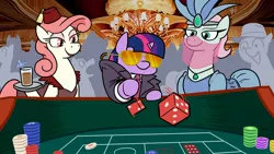 Size: 1920x1080 | Tagged: safe, artist:jargon scott, derpibooru import, twilight sparkle, earth pony, pony, unicorn, g4, casino, clothes, cocktail umbrella, craps, crowd, dice, dress, drink, female, fez, filly, filly twilight sparkle, foal, gambling, hat, headdress, horn, image, indoors, jewelry, jpeg, mare, necklace, necktie, poker chips, showgirl, smiling, squatpony, suit, sunglasses, trio focus, twiggie, underhoof, unicorn twilight, veil, waitress, younger