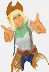Size: 960x1421 | Tagged: safe, artist:highwayman, derpibooru import, applejack, human, equestria girls, g4, applejack's hat, cowboy hat, female, finger gun, finger guns, hat, image, looking at you, png, simple background, solo, white background