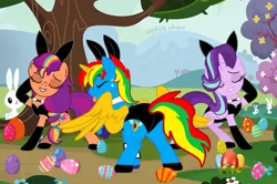 Size: 3259x2161 | Tagged: safe, artist:shieldwing1996, artist:shieldwingarmorofgod, derpibooru import, starlight glimmer, sunny starscout, oc, oc:shield wing, alicorn, earth pony, pony, rabbit, g4, g5, alicorn oc, alicornified, animal, bunny ears, bunny suit, butt, canon x oc, clothes, crossdressing, easter, easter 2025, easter egg, egg, eyes closed, female, g5 to g4, generation leap, holiday, horn, image, male, male alicorn, mane stripe sunny, mare, outdoors, playboy bunny, plot, png, pose, race swap, sexy, shieldglimmer, shieldscout, shipping, stallion, starlicorn, stupid sexy starlight glimmer, stupid sexy sunny starscout, tongue out, trio, wings, xk-class end-of-the-world scenario