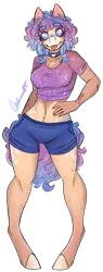 Size: 461x1218 | Tagged: safe, artist:trashpanda czar, derpibooru import, oc, oc:cotton candy, unofficial characters only, anthro, earth pony, unguligrade anthro, belly, belly button, chest fluff, choker, clothes, coat marking, ear fluff, earth pony oc, eyebrows, eyebrows visible through hair, eyelashes, female, hand on hip, image, png, shirt, shorts, signature, simple background, smiling, solo, t-shirt, tongue out, transparent background
