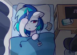 Size: 1392x1000 | Tagged: safe, artist:rlabbiy, derpibooru import, vinyl scratch, pony, unicorn, g4, bed, chair, computer, curtains, desk, earbuds, female, hoof on face, horn, image, indoors, ipod, jpeg, laptop computer, mare, on bed, pill, pillow, solo