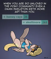 Size: 1443x1662 | Tagged: safe, artist:n-o-n, derpibooru import, honey rays, pegasus, pony, derpibooru, g4, ashamed, background pony, crying, defeated, female, gradient background, image, implied skellinore, legs in air, lying down, mare, meta, on back, png, sad, signature, solo, tags, tail, teary eyes