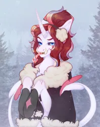 Size: 2344x2959 | Tagged: safe, artist:dreamyrat, derpibooru import, oc, unofficial characters only, pony, unicorn, 2021, black sclera, blue eyes, bust, candy, candy cane, christmas, clothes, commission, concave belly, devil tail, eye scar, facial scar, fangs, female, food, forest, holiday, horn, image, looking at you, mare, multiple tails, nature, open mouth, open smile, png, portrait, red hair, red mane, scar, scared, smiling, smiling at you, solo, tail, thin, tree, two tails, two toned mane, unicorn oc, winter, winter outfit