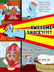 Size: 1536x2048 | Tagged: safe, artist:cosmicwaves35, derpibooru import, carrot bun, rainbow dash, pegasus, pony, unicorn, g4, comic, food, horn, horseradish, hot dog, image, joke, jpeg, ketchup, meat, mustard, outdoors, panel, park, pun, sauce, sausage, selling, stall, text