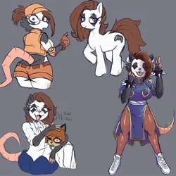 Size: 2000x2000 | Tagged: safe, artist:omegamax, ponerpics import, oc, oc:maxine (omegamax), ponified, anthro, digitigrade anthro, opossum, big breasts, breasts, brown mane, brown tail, chun li, clothes, controller, cosplay, costume, duo, female, fio germi, fiolina germi, furry, gray background, hand gesture, image, jpeg, looking at you, male, multiple poses, peace sign, purple eyes, raised leg, shorts, simple background, skirt, tail, white coat