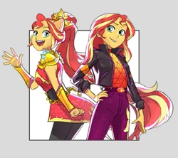 Size: 667x591 | Tagged: safe, artist:doril art, derpibooru import, sunset shimmer, human, art pack:mypastisnottoday2025, equestria girls, g4, clothes, cyan eyes, denim, dress, flamenco dress, geode of empathy, image, jacket, jeans, leather, leather jacket, long hair, looking at you, magical geodes, music festival outfit, open mouth, pants, png, ponied up, pony ears, ponytail, self paradox, smiling, smiling at you, super ponied up, two toned hair, waving, waving at you