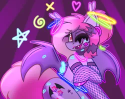 Size: 3896x3080 | Tagged: safe, artist:askhypnoswirl, derpibooru import, oc, oc:batty bliss, unofficial characters only, bat pony, bat pony oc, clothes, commission, ear fluff, eyeshadow, female, fishnet clothing, fishnets, glowstick, image, lipstick, looking at you, makeup, one eye closed, png, socks, solo, stockings, thigh highs, wink, winking at you