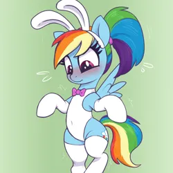 Size: 3000x3000 | Tagged: safe, artist:t72b, derpibooru import, rainbow dash, pegasus, pony, g4, belly, belly button, bipedal, blush lines, blushing, bowtie, bunny ears, bunny suit, clothes, emanata, embarrassed, female, gradient background, image, leotard, looking down, mare, plewds, png, ponytail, rainbow dash always dresses in style, socks, solo, spread wings, stockings, sweat, sweatdrops, thigh highs, tomboy, white leotard, wingboner, wings