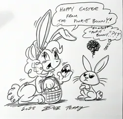 Size: 2806x2712 | Tagged: safe, artist:debmervin, derpibooru import, angel bunny, pinkie pie, earth pony, pony, rabbit, g4, angel bunny is not amused, animal, animal costume, basket, black and white, bunny costume, clothes, costume, duo, duo male and female, easter, easter 2025, easter bunny, egg, female, grayscale, holiday, image, jpeg, male, monochrome, speech bubble, thought bubble, traditional art, unamused