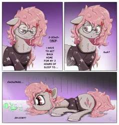 Size: 2100x2204 | Tagged: safe, artist:chopsticks, derpibooru import, oc, oc:krista pebble, unofficial characters only, earth pony, pony, 3 panel comic, bottle, bow, broken bottle, broken glass, cheek fluff, chest fluff, clothes, comic, cute, ear fluff, eye clipping through hair, eyebrows, eyebrows visible through hair, female, floppy ears, freckles, glass bottle, glasses, gradient background, hair bow, hock fluff, image, leg fluff, leg freckles, looking down, lying down, mare, messy mane, ocbetes, png, sad, sadorable, shiny, shirt, silly, silly pony, sleep deprivation, sleepy, solo, stray strand, text, tired, unshorn fetlocks