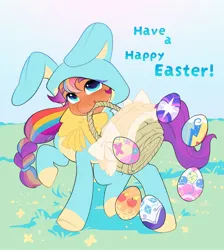 Size: 1837x2048 | Tagged: safe, artist:aztrial, derpibooru import, applejack, fluttershy, pinkie pie, rainbow dash, rarity, sunny starscout, twilight sparkle, earth pony, pony, g4, g5, animal costume, basket, bunny costume, clothes, costume, cute, easter, easter 2025, easter basket, easter bunny, easter egg, egg, female, holiday, image, jpeg, mane six, mare, mouth hold, outdoors, solo, sunny bunny, sunnybetes