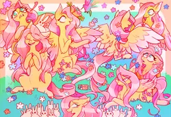 Size: 2000x1379 | Tagged: safe, artist:ayyolilikoi, derpibooru import, angel bunny, fluttershy, bird, hummingbird, pegasus, pony, rabbit, g4, angel riding fluttershy, animal, chest fluff, colored hooves, colored wings, colored wingtips, duo, easter, eye clipping through hair, female, flower, holiday, hooves, hooves together, image, lying down, mare, no pupils, open mouth, open smile, png, prone, rabbits riding ponies, smiling, solo focus, sploot, spread wings, wings