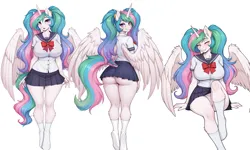 Size: 2660x1600 | Tagged: prompter needed, suggestive, ai content, derpibooru import, princess celestia, anthro, g4, ai composition, big breasts, breasts, busty princess celestia, butt, clothes, image, multiple views, panties, pigtails, png, school uniform, simple background, sitting, skirt, socks, solo, spread wings, standing, sunbutt, twintails, underwear, uniform, upskirt, white background, wings