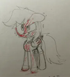 Size: 2976x3257 | Tagged: semi-grimdark, artist:kruvvv, derpibooru import, rainbow dash, pegasus, pony, fanfic:rainbow factory, g4, 2022, blood, clothes, eye clipping through hair, fanfic art, female, floppy ears, folded wings, image, jpeg, mare, photo, shaking, sketch, smiling, solo, wings