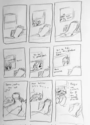 Size: 1463x2048 | Tagged: safe, artist:pony quarantine, derpibooru import, oc, oc:anon, unofficial characters only, human, pony, series:pq funnies, bed, clothes, comic, comic strip, dialogue, duo, duo male and female, feet, female, grayscale, image, indoors, jpeg, male, mare, monochrome, offscreen character, on bed, pencil drawing, socks, solo focus, traditional art, window