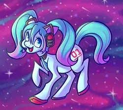Size: 2933x2614 | Tagged: safe, artist:straitjacket, artist:straitjacketz, derpibooru import, ponified, pony, cosmic, female, full body, galaxy background, hatsune miku, image, mare, open mouth, open smile, png, raised hoof, smiling, solo, vocaloid