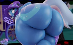Size: 2880x1762 | Tagged: suggestive, artist:satosweetsss, derpibooru import, trixie, anthro, unicorn, g4, 3d, ass, breasts, butt, dialogue, female, gritted teeth, horn, huge butt, image, implied butt expansion, jpeg, large butt, looking back, nudity, outdoors, pinpoint eyes, rear view, sideboob, solo, solo female, tail, tail aside, teeth, the ass was fat, the great and powerful ass, thighs, thunder thighs, trixie's wagon, wagon, wide hips