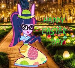 Size: 4141x3768 | Tagged: safe, artist:cartoonmasterv3, derpibooru import, twilight sparkle, human, equestria girls, g4, bunny ears, clothes, dress, easter, easter 2025, elegant, gown, happy easter, holiday, humanized, image, long dress, long skirt, outdoors, png, skirt, solo