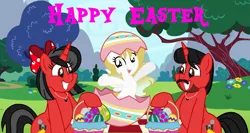 Size: 7499x3993 | Tagged: safe, artist:mickey1909, derpibooru import, oc, oc:mickey motion, oc:minnie motion, unofficial characters only, pony, unicorn, basket, bow, easter, easter 2025, easter basket, easter egg, female, hair bow, happy easter, holiday, horn, image, male, outdoors, png, stallion, trio