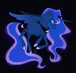 Size: 2101x2034 | Tagged: safe, artist:peachmichea, derpibooru import, princess luna, alicorn, pony, g4, black background, female, high res, image, jpeg, looking back, mare, partially open wings, signature, simple background, solo, wings