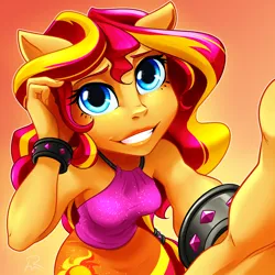 Size: 1777x1774 | Tagged: safe, artist:didj, derpibooru import, sunset shimmer, equestria girls, g4, bare shoulders, bracelet, breasts, busty sunset shimmer, cute, cyan eyes, female, gradient background, grin, image, jewelry, jpeg, lips, long hair, looking at you, nose, offscreen character, ponied up, pony ears, pov, shimmerbetes, sleeveless, small nose, smiling, smiling at you, solo, spiked wristband, two toned hair, wristband
