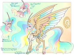 Size: 2000x1500 | Tagged: safe, artist:honkhonkbonk, derpibooru import, princess celestia, alicorn, pony, g4, alternate design, bio in description, cheek fluff, chest fluff, cloven hooves, colored eartips, colored hooves, colored pinnae, colored wings, countershading, crying, curved horn, female, fetlock tuft, gradient background, gradient legs, gradient mane, gradient tail, green hooves, headcanon in the description, hooves, horn, image, iridescent, large wings, mare, mismatched hooves, multicolored wings, passepartout, pink hooves, png, raised hoof, reference sheet, scar, scarred, shiny hooves, simple background, solo, spread wings, standing, tail, transparent background, twitterina design, unicorn beard, wings, younger