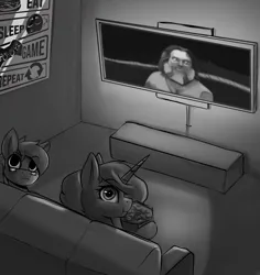 Size: 2308x2446 | Tagged: safe, artist:queen-razlad, derpibooru import, princess luna, oc, oc:trestle, alicorn, pony, g4, a minecraft movie, basement, chicken jockey, food, grayscale, image, indoors, looking at you, minecraft, monochrome, movie night, png, popcorn