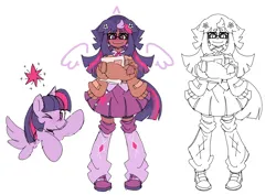 Size: 4093x2894 | Tagged: safe, artist:mugco, derpibooru import, part of a set, twilight sparkle, twilight sparkle (alicorn), alicorn, human, pony, g4, argyle, beanbrows, bike shorts, blackwashing, blush scribble, blushing, closed mouth, clothes, crossed arms, cutie mark, cutie mark on clothes, doodle, ear piercing, earring, eyebrows, eyebrows visible through hair, feathered wings, female, front view, full body, glasses, hairclip, high res, holding, hoof in air, horn, human coloration, humanized, image, jewelry, leg warmers, long sleeves, looking at you, looking sideways, mare, monochrome, no pupils, nose blush, one eye closed, open clothes, piercing, pleated skirt, png, puffy sleeves, self paradox, self ponidox, shoes, simple background, sketch, skirt, smiling, smiling at you, sneakers, solo, standing, tail, tailed humanization, three-quarter view, twilight sparkle's cutie mark, white background, wings, wink, winking at you
