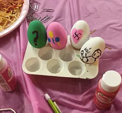 Size: 4569x4246 | Tagged: safe, artist:huffyhorse, ponerpics import, pinkie pie, oc, oc:anonfilly, oc:aryanne, pony, cutie mark, drugs, easter, easter 2025, easter egg, female, filly, food, holiday, image, irl, ketamine, national socialism, no pony, paint, pasta, photo, png, spaghetti, traditional art