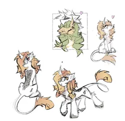 Size: 2844x2756 | Tagged: safe, artist:kejifox, derpibooru import, oc, oc:eldorada, oc:tenera, oc:yiazmat, unofficial characters only, hybrid, kirin, unicorn, chest fluff, couple, felame, heart, horn, hybrid oc, image, interspecies offspring, kirin oc, male, offspring, parent:oc:eldorada, parent:oc:yiazmat, parents:oc x oc, png, shipping, simple background, tail, unicorn oc, white background