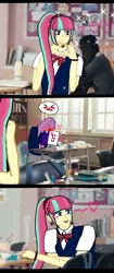 Size: 1818x4341 | Tagged: safe, alternate version, artist:loula, derpibooru import, part of a set, sour sweet, sunny flare, human, equestria girls, g4, ><, alternate hairstyle, alternate style, alternate universe, background human, bangs, blushing, book, bookshelf, bowtie, bracelet, classroom, clothes, comic, ear piercing, earring, emanata, eyes closed, falling in love, female, flustered, freckles, heart, heart hands, high school, ibispaint x, image, irl, irl human, jewelry, lesbian, long hair, marker, nail polish, notebook, open mouth, pencil, pencil case, photo, piercing, png, real life background, school uniform, schoolgirl, seat, shadowbolts logo, ship:sourflare, shipping, side ponytail, sidebangs, sitting, smiling, sparkling, straight hair, table, uniform, vest, window