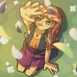 Size: 1500x1500 | Tagged: safe, artist:sasamugi, derpibooru import, sunset shimmer, human, equestria girls, g4, beautiful, blushing, clothes, cutie mark, cutie mark on clothes, geode of empathy, image, leather, leather vest, long hair, looking at you, looking up, magical geodes, petals, png, reaching up, shirt, skirt, smiling, smiling at you, solo, spiked vest, vest
