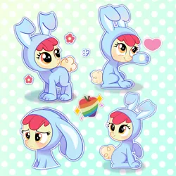 Size: 2100x2100 | Tagged: safe, artist:雨汐汐, derpibooru import, apple bloom, earth pony, pony, g4, animal costume, apple, blushing, bunny costume, clothes, costume, female, filly, floppy ears, flower, foal, food, frown, full body, heart, image, multiple views, outline, patterned background, png, raised hoof, sitting, solo, text, upper body, white outline, zap apple