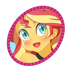 Size: 256x256 | Tagged: safe, artist:umejiru, derpibooru import, part of a set, sunset shimmer, human, art pack:mypastisnottoday2025, equestria girls, g4, blushing, button, cyan eyes, female, icon, image, long hair, looking at you, png, simple background, smiling, smiling at you, solo, transparent background, two toned hair, website